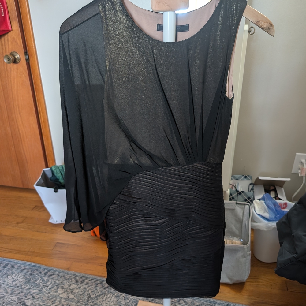 BCBGMaxAzria Black One-Shoulder Asymmetrical Sheer-Overlay Dress